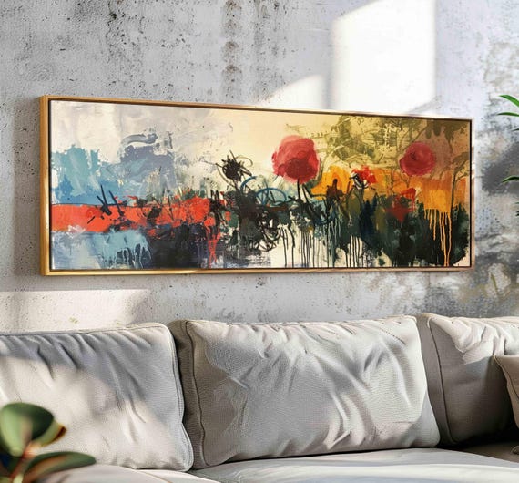 Abstract Moody Floral Wall Art Panoramic Wall Art Horizontal Wall Art Framed Large Flower Print Wide Floral Art Above Bedsofa Decor