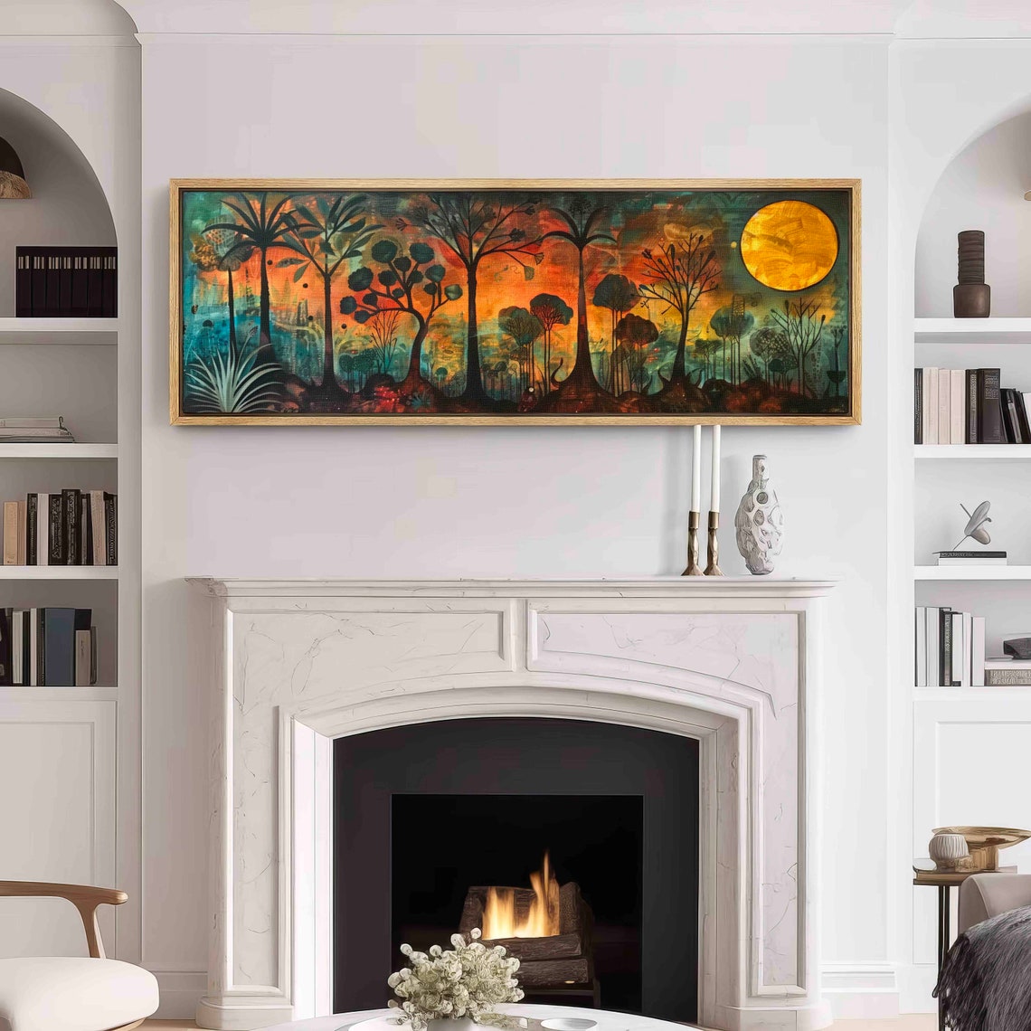 Moody Forest Silhouettes at Sunset With Golden Moon Dark Wall Art - Image 2