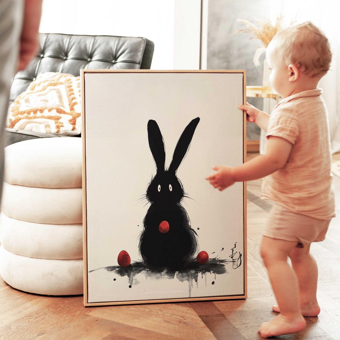 Minimalist Black Ink Bunny Rabbit Abstract Easter Egg Art Wall Poster - Image 3