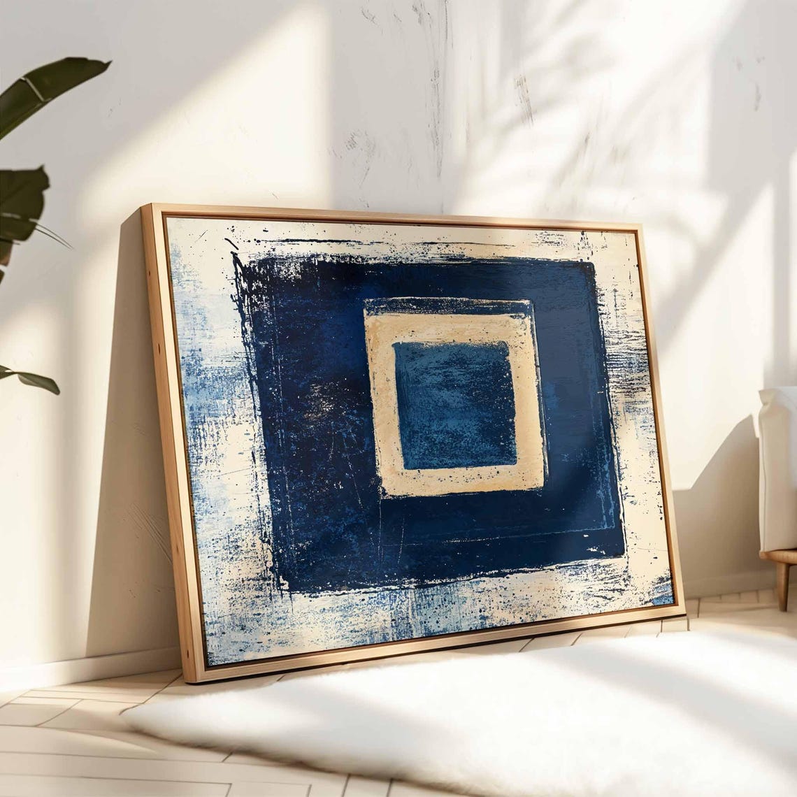 Navy Blue Concentric Squares Cream Textured Geometric Modern Art Print - Image 4