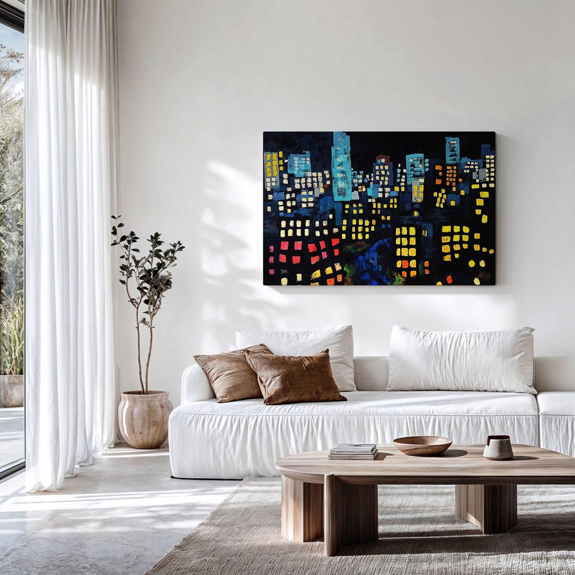 Night City Skyline Glowing Windows Painterly Modern Panoramic Wall Art - Image 3