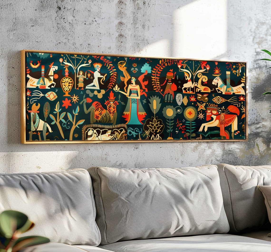 Folk Art Tapestry Stylized Figures Horses Teal Panoramic Art Print