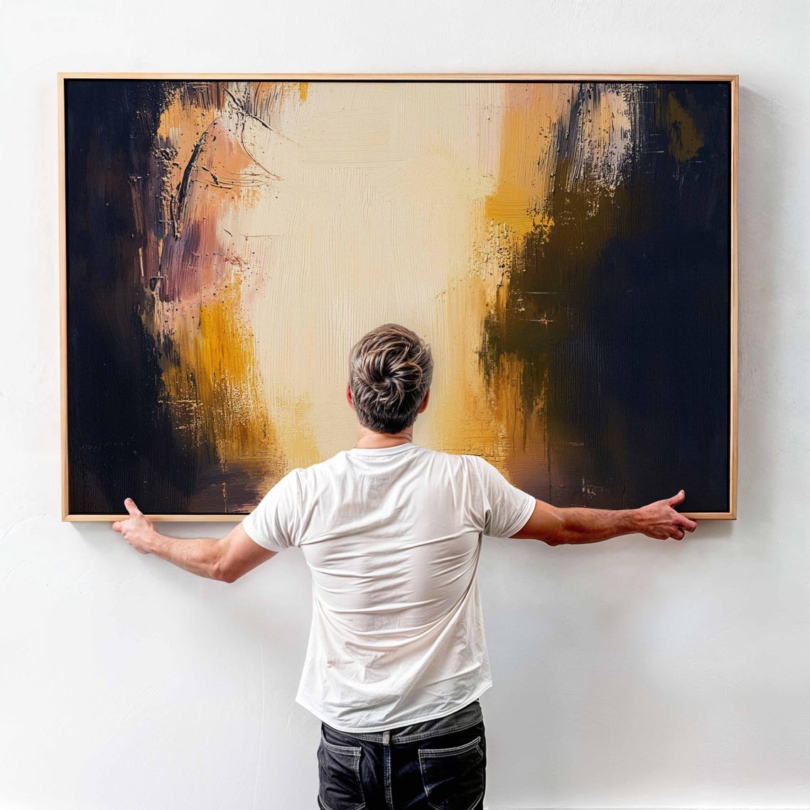Black Gold Cream Abstract Textured Gradient Painting Modern Wall Art - Image 3