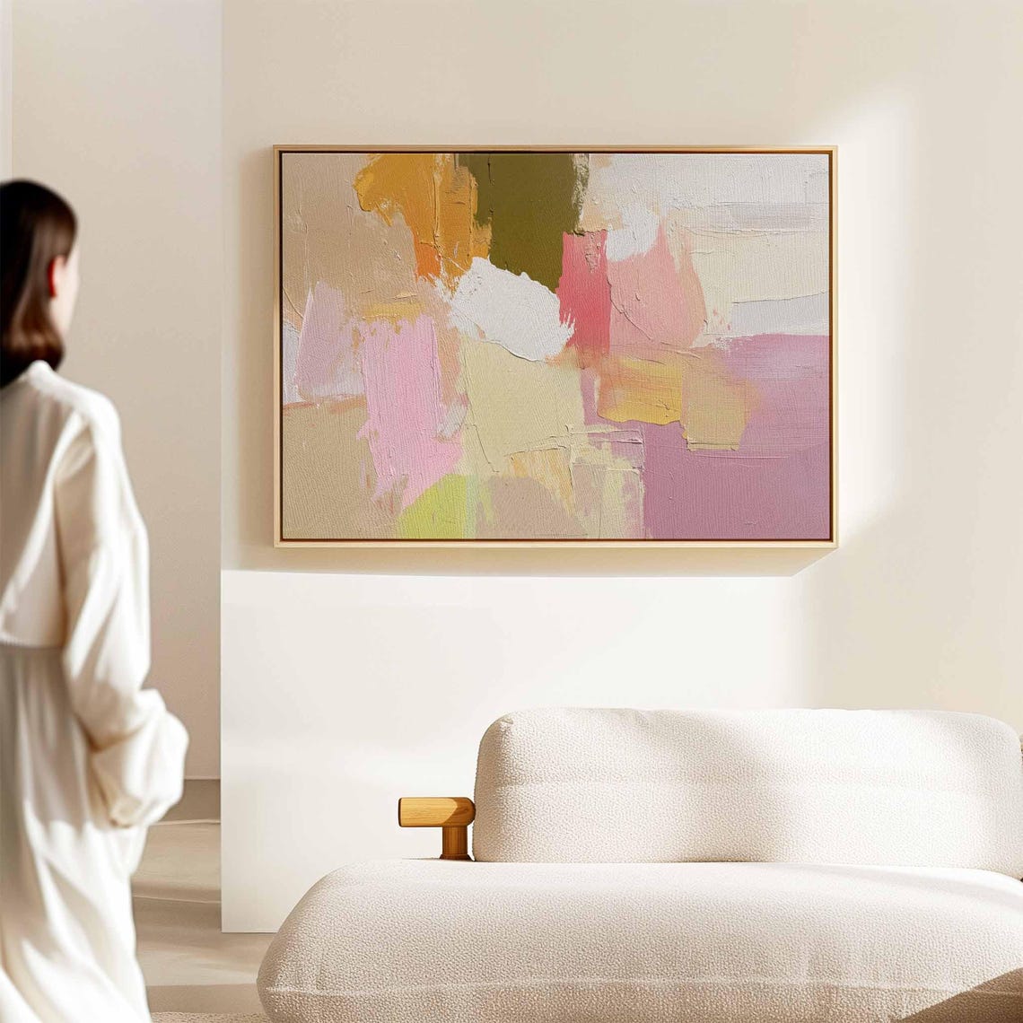 Pastel Abstract Textured Brushwork Pink Yellow Cream Modern Wall Art - Image 2