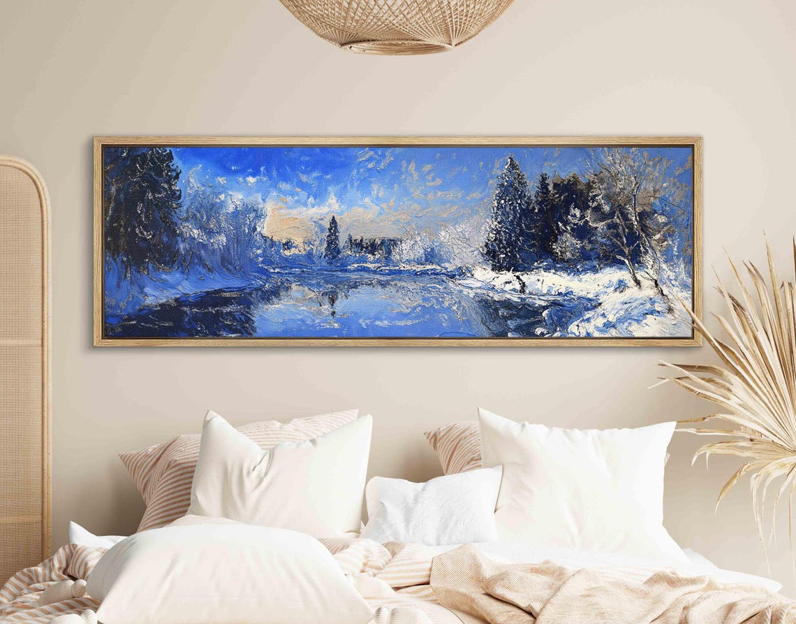 Snowy Blue Winter Forest River Impressionist Landscape Wall Art - Image 2