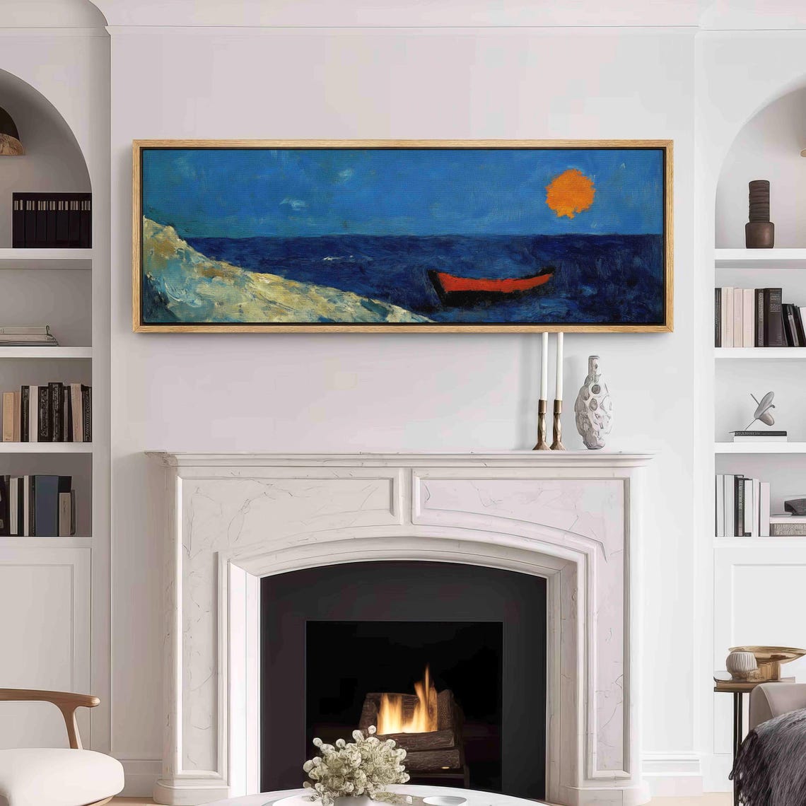 Expressionist Seascape Red Boat Orange Sun Blue Ocean Art Print - Image 3