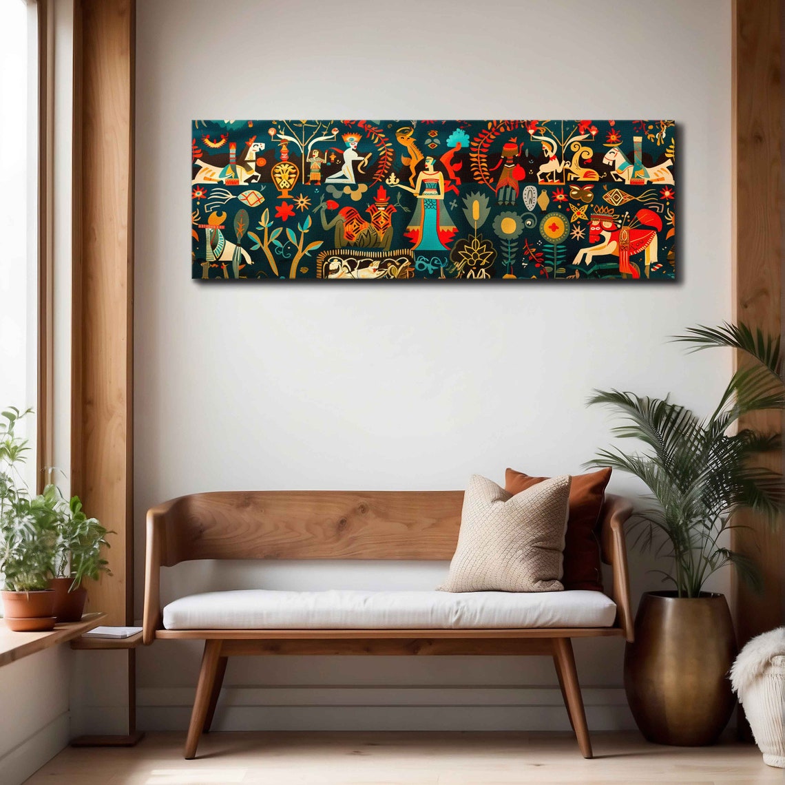 Folk Art Tapestry Stylized Figures Horses Teal Panoramic Art Print - Image 4