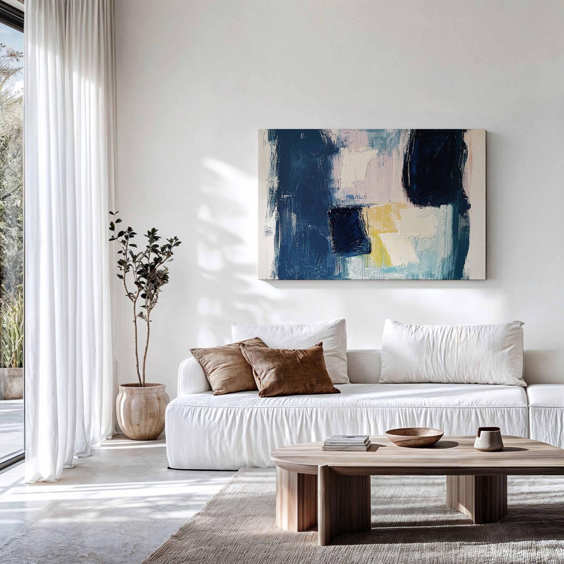 Abstract Navy Blue Cream Textured Modern Block Painting Poster - Image 2