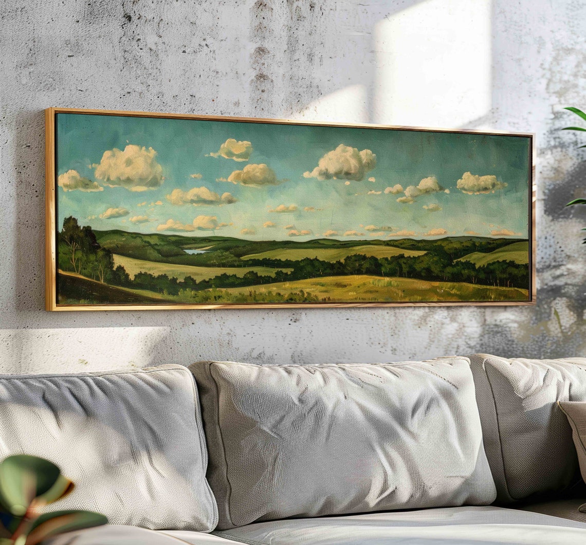 Vintage Green Countryside Rolling Hills Clouds Panoramic Art Print
