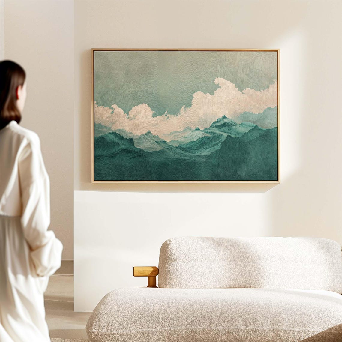 Emerald Green Mountain Peaks White Clouds Stylized Nature Art Print - Image 2