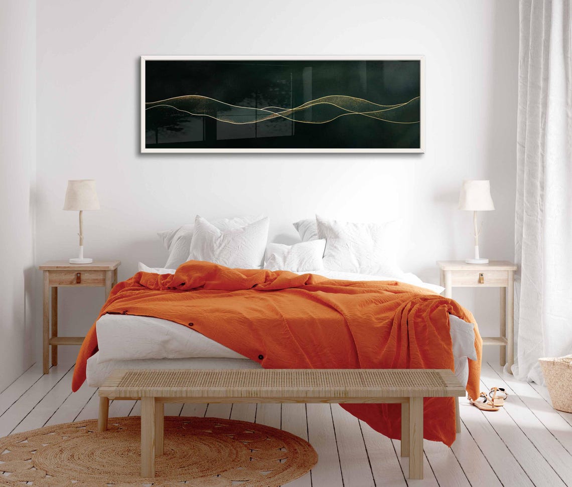 Gold Mountain Lines Dark Green Minimalist Abstract Panoramic Art Print - Image 2