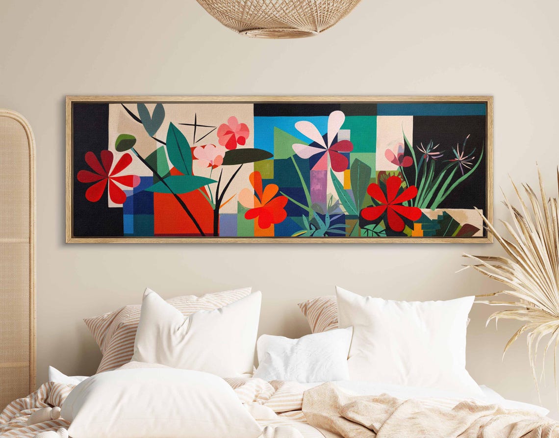 Mid Century Modern Geometric Floral Abstract Blooms Panoramic Wall Art - Image 2