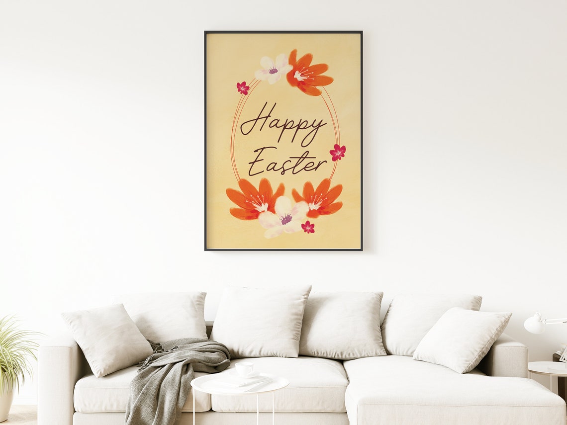 Happy Easter Calligraphy Script Orange Floral Wreath Yellow Wall Art - Image 2