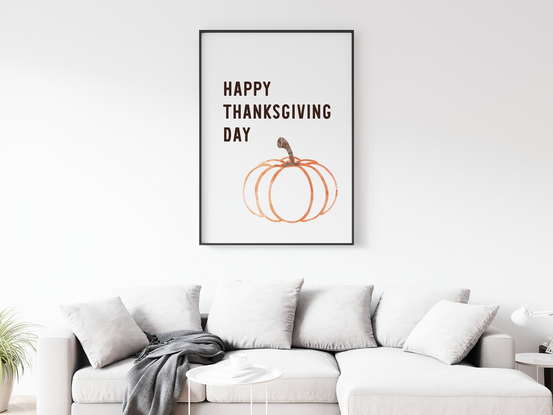 Happy Thanksgiving Day Bold Lettering Orange Pumpkin Watercolor Wall Art - Image 2