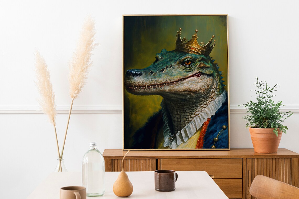 King Crocodile Royal Portrait Golden Crown Regal Reptile Wall Art