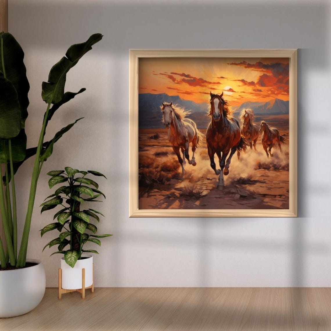 Four Horses Galloping At Sunset Across The Desert Western Poster