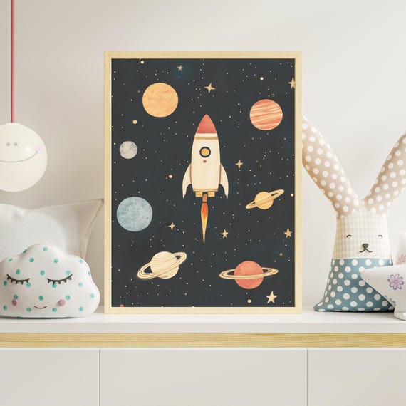Retro Rocket Ship Art Space Adventure Print Vintage Outer Poster Astronaut Nursery Decor Childrens Room Baby Gift