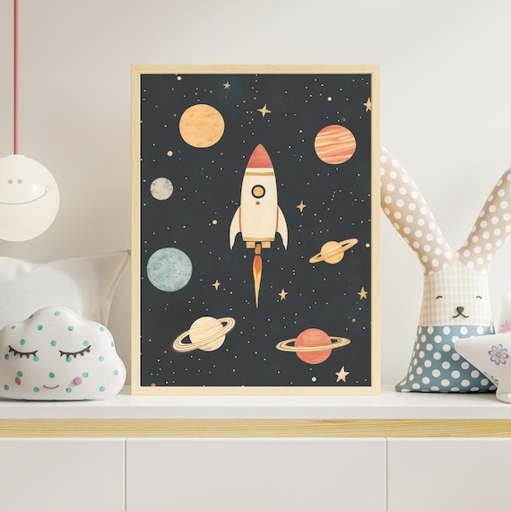 Retro Rocket Ship Outer Space Kids Nursery Planet Star Poster
