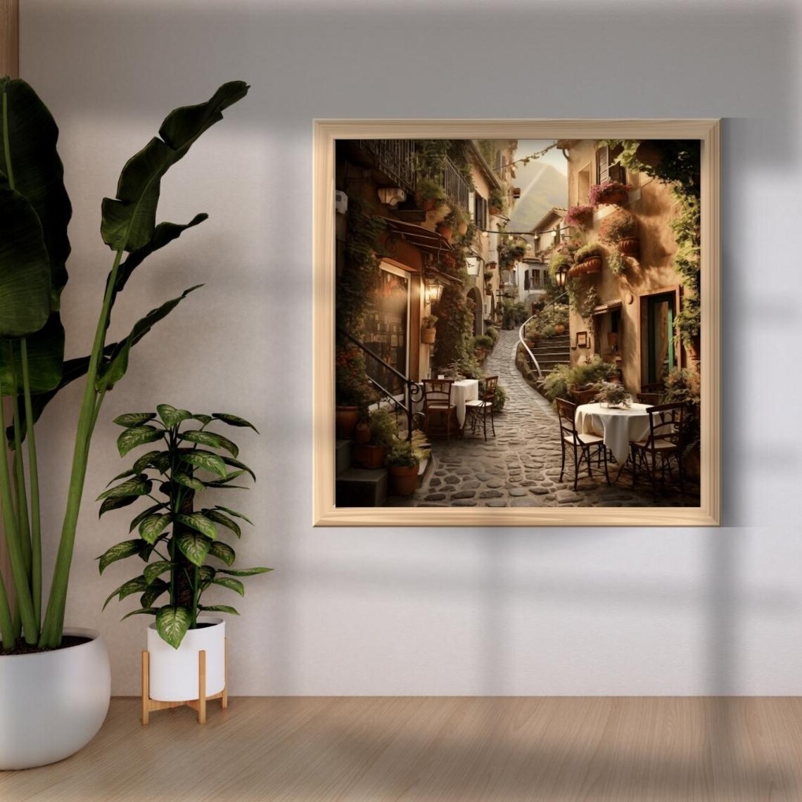 Vintage Italy Evening Alley Cafe Lights Cobblestone Street Poster