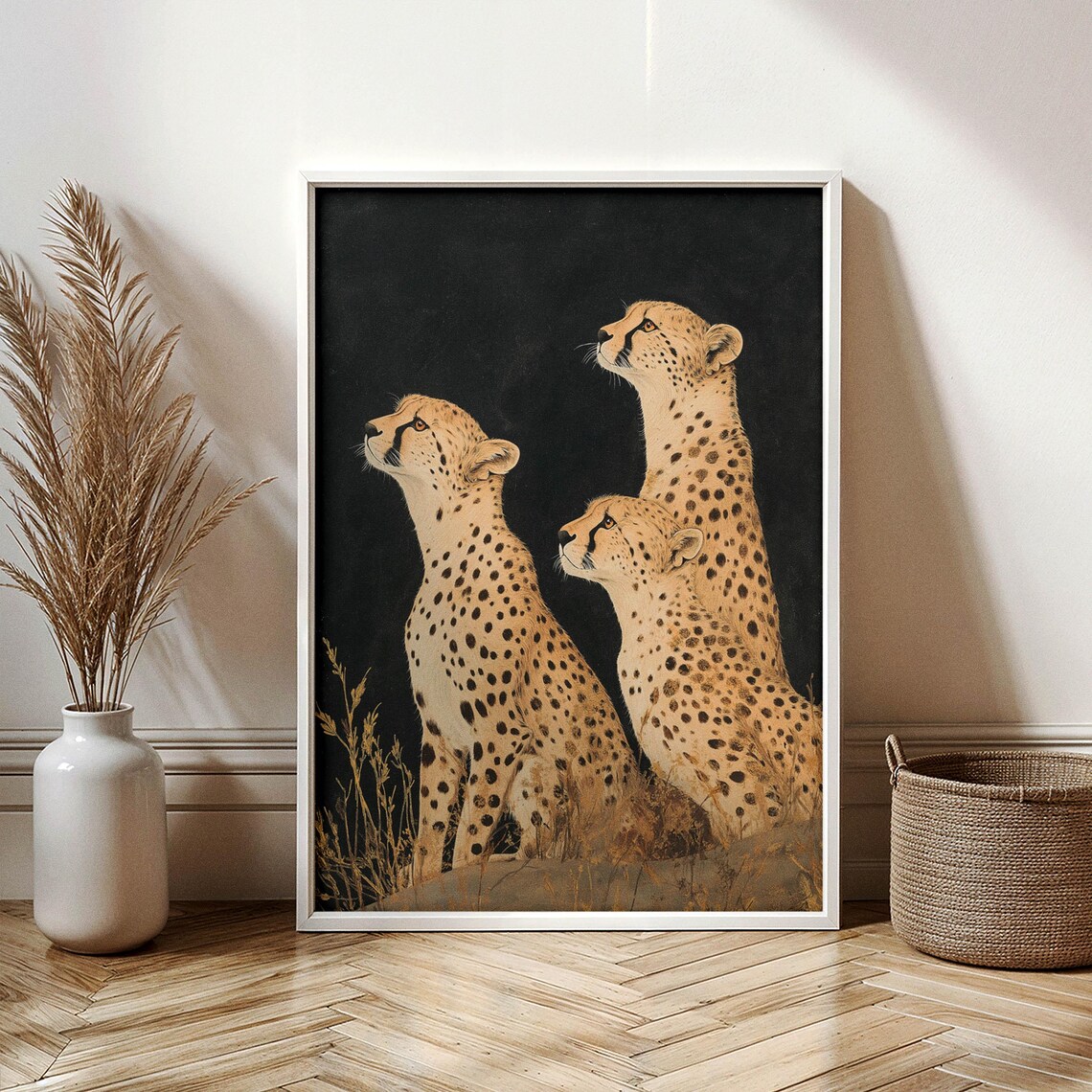 Cheetah Trio Looking Up Starry Night Elegant Safari Animal Wall Art