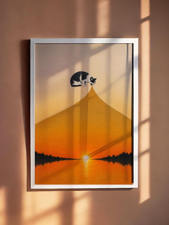Minimalist Cat Sunset Poster Surreal Landscape Wall Art Orange Sky Print