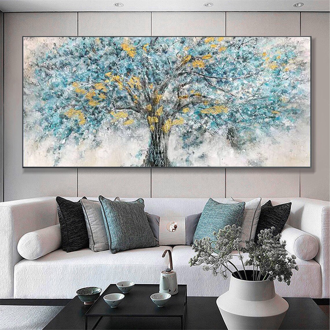 Gold Foil Blooming Banyan Tree Hand Painted Original Teal Tree Abstract Textured Landscape Modern Bedroom Large Wall Art Home Decor - Image 3