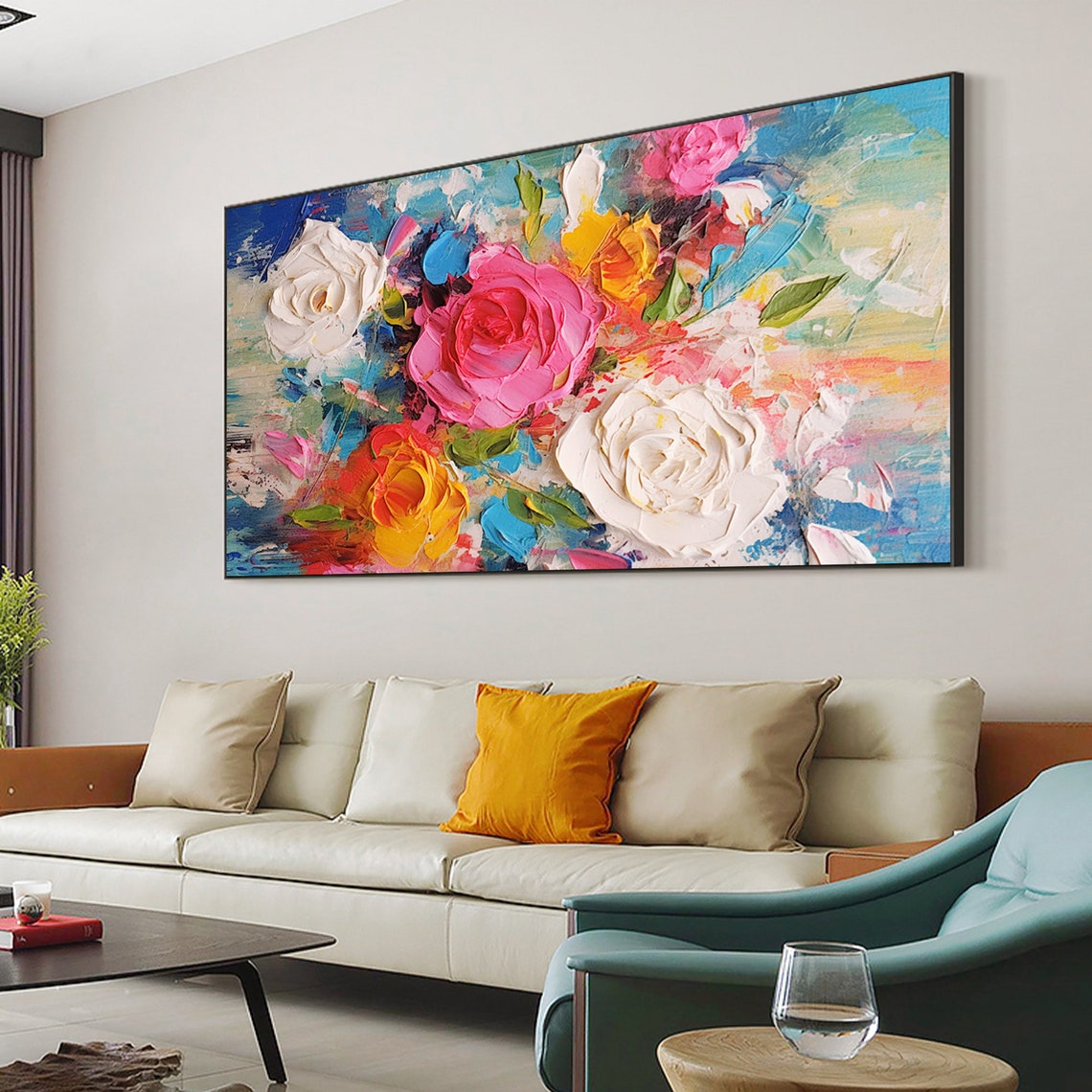 Colorful Roses Impasto on Blue Panoramic Oil Painting Art Print - Image 4