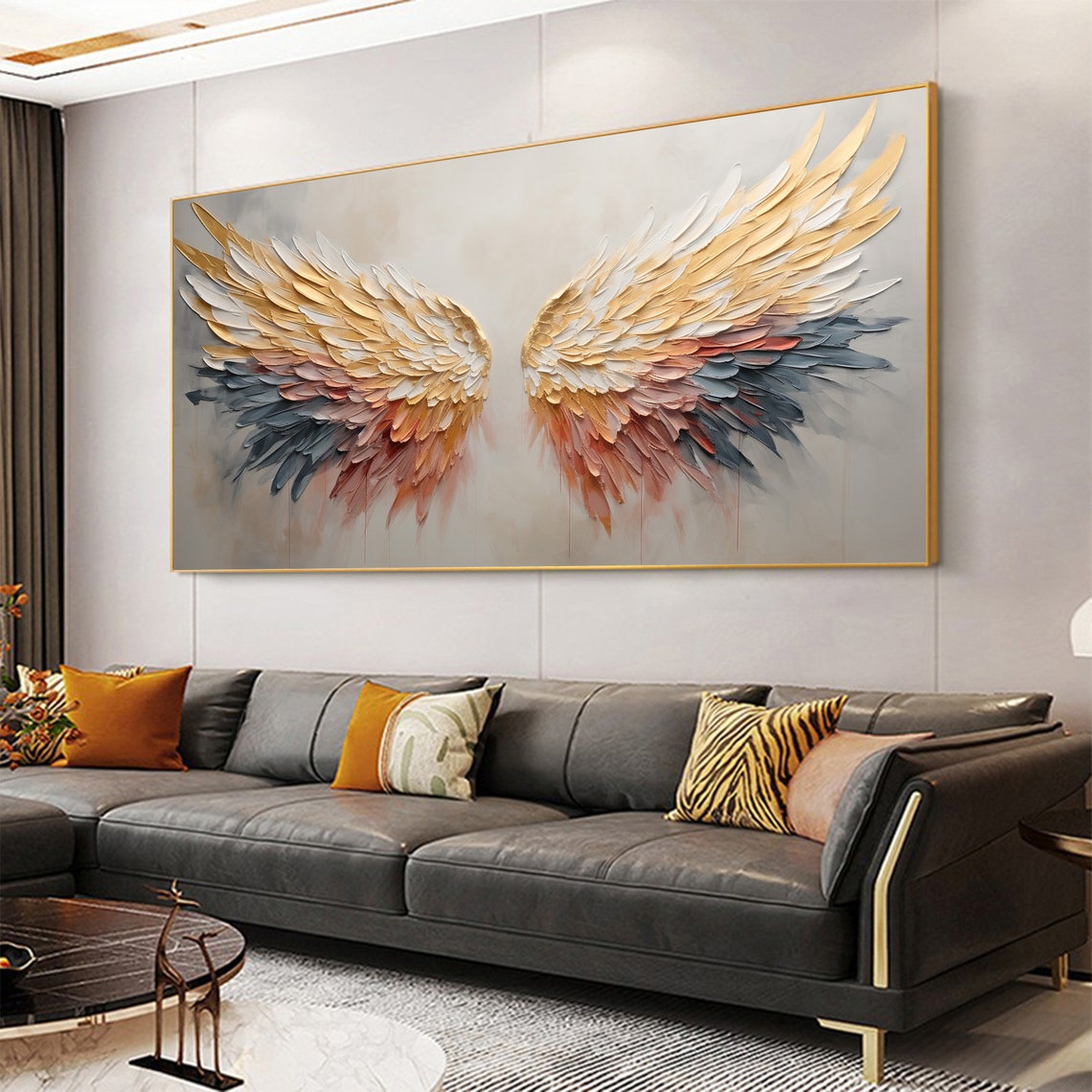 Majestic Angel Wings in Gold With Blue and Rose Feather Tips Poster - Image 2