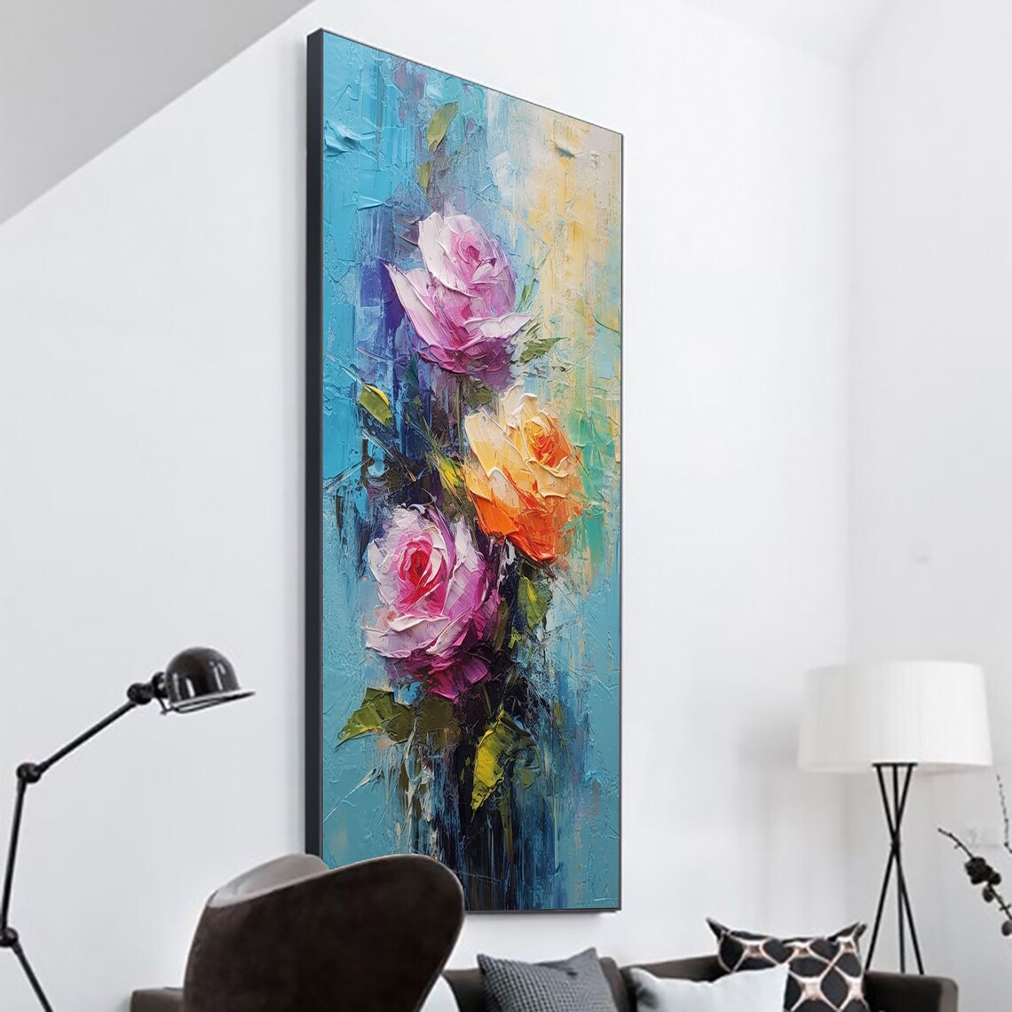 Abstract Pink Orange Roses on Blue Textured Oil Painting Poster - Image 4