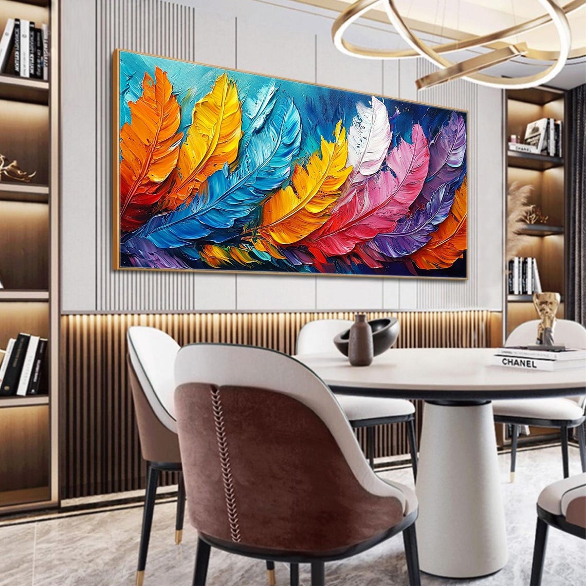 Vivid Rainbow Feather Collage Panoramic Oil Painting Art Print - Image 5