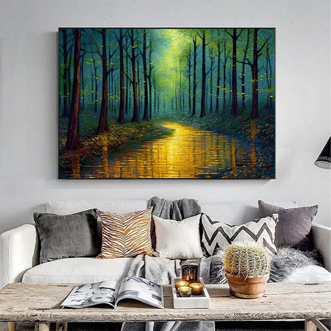 Golden River Through Dark Forest Glowing Impressionist Poster - Image 5