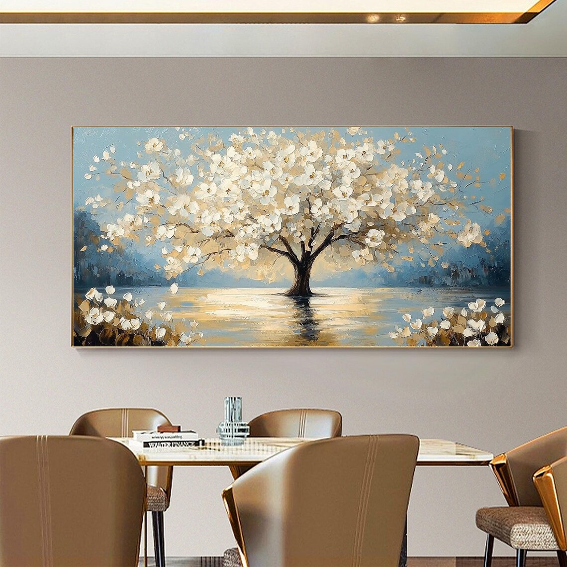 White Blossom Tree by Golden Lake Panoramic Oil Painting Art Print - Image 2