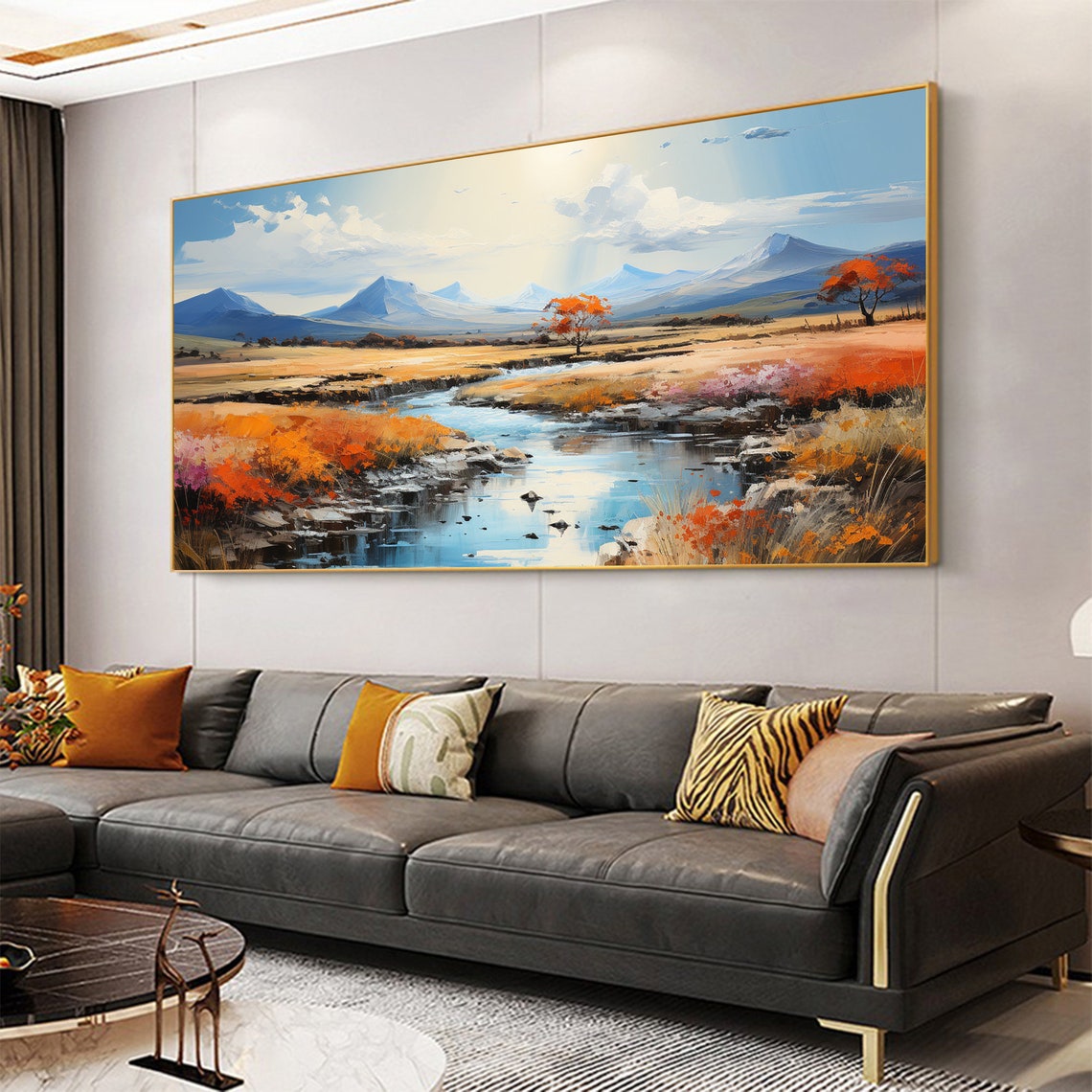 Autumn River Valley Blue Mountains Landscape Oil Painting Poster - Image 3