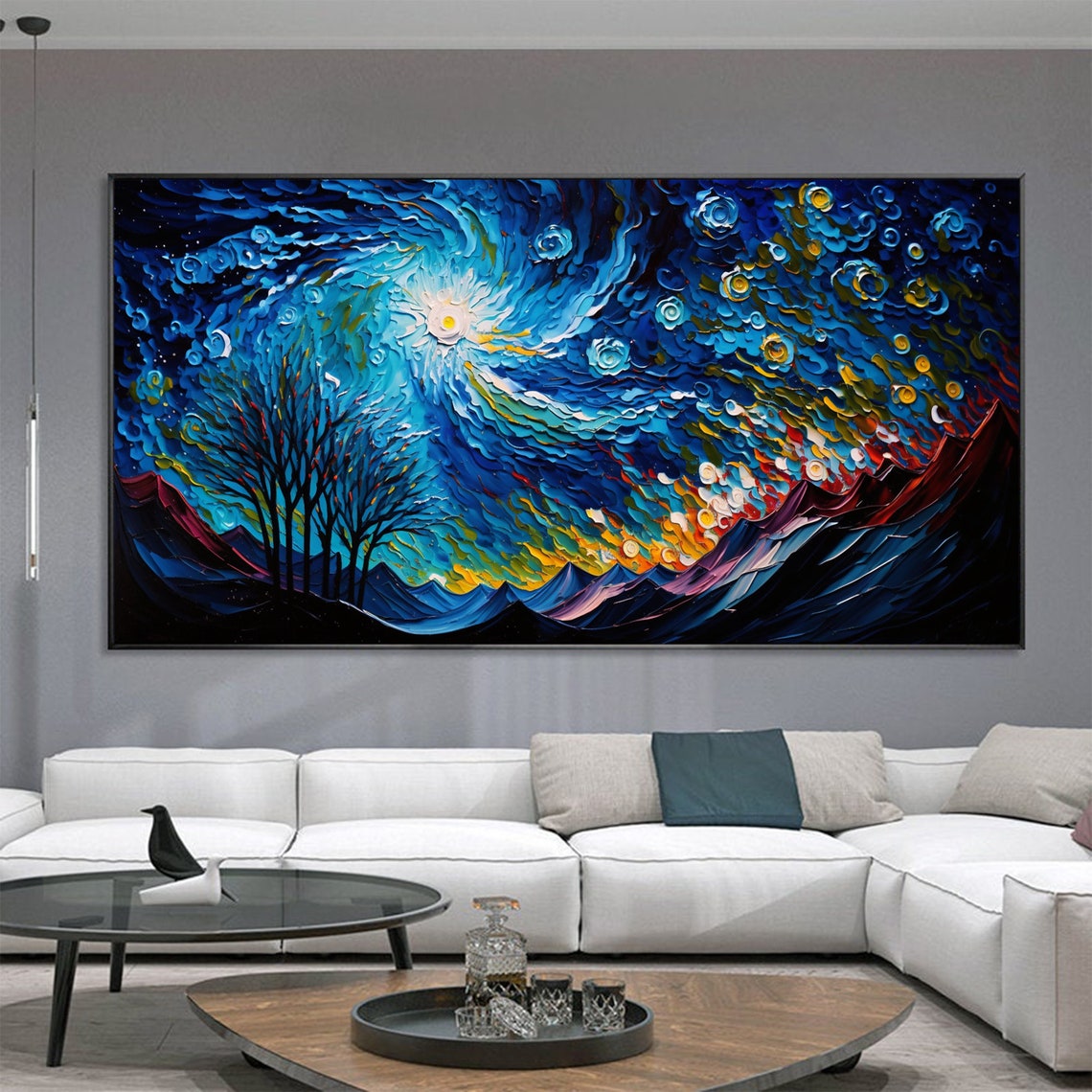 Starry Swirling Night Sky Over Mountain Landscape Impasto Poster - Image 2