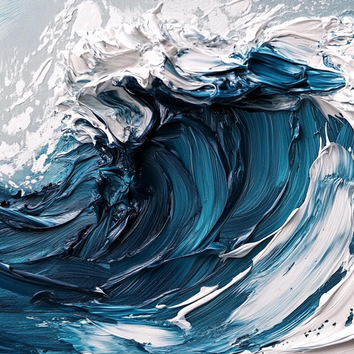 Crashing Blue Ocean Wave Impasto Panoramic Oil Painting Art Print - Image 4