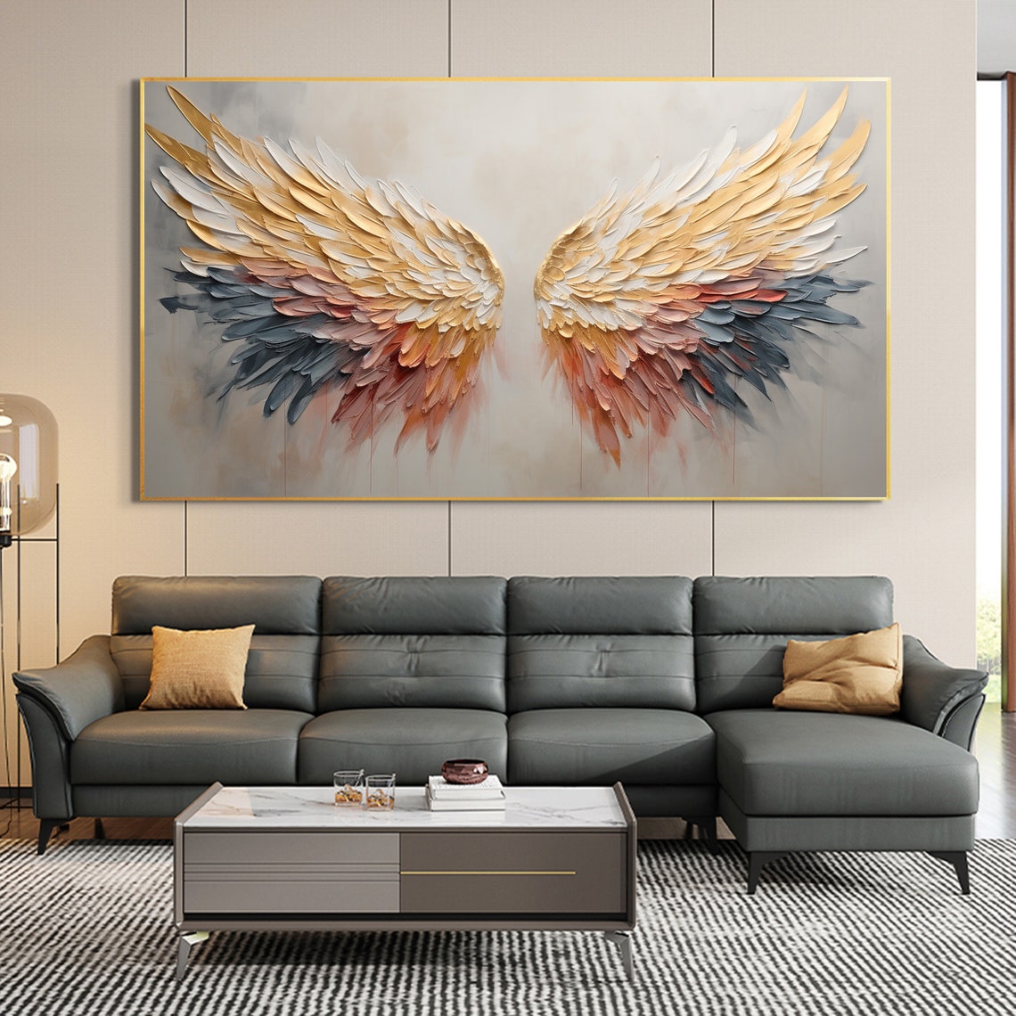 Majestic Angel Wings in Gold With Blue and Rose Feather Tips Poster - Image 4