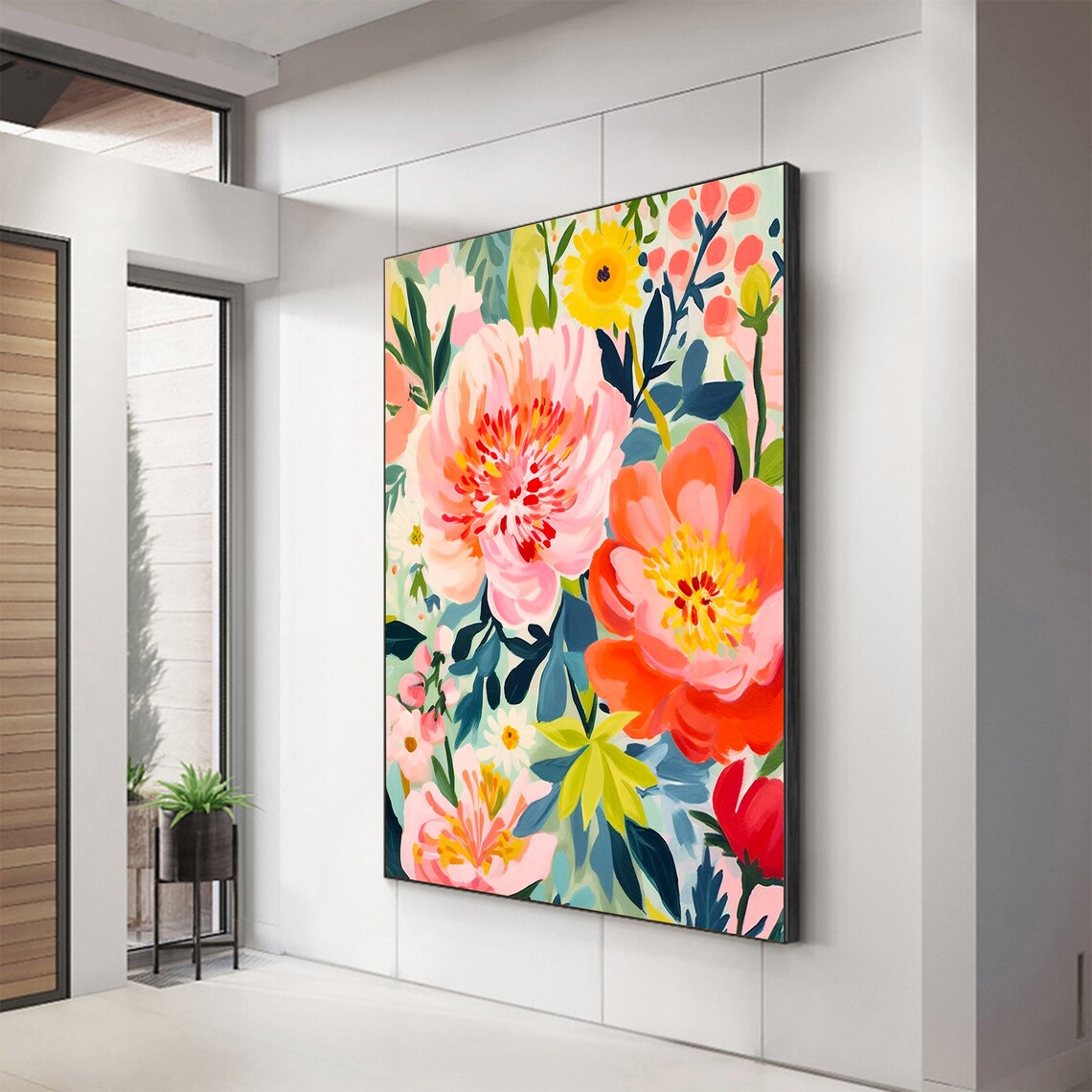 Colorful Abstract Pink Peony Flowers Modern Oil Painting Poster - Image 3