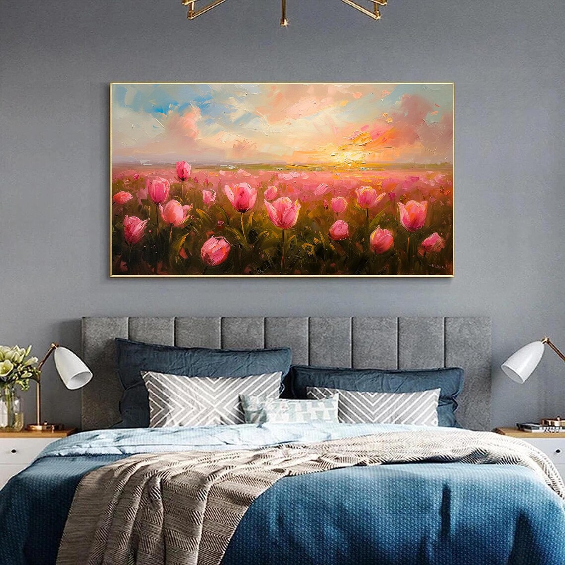 Pink Tulip Field at Golden Sunset Panoramic Oil Painting Art Print - Image 3