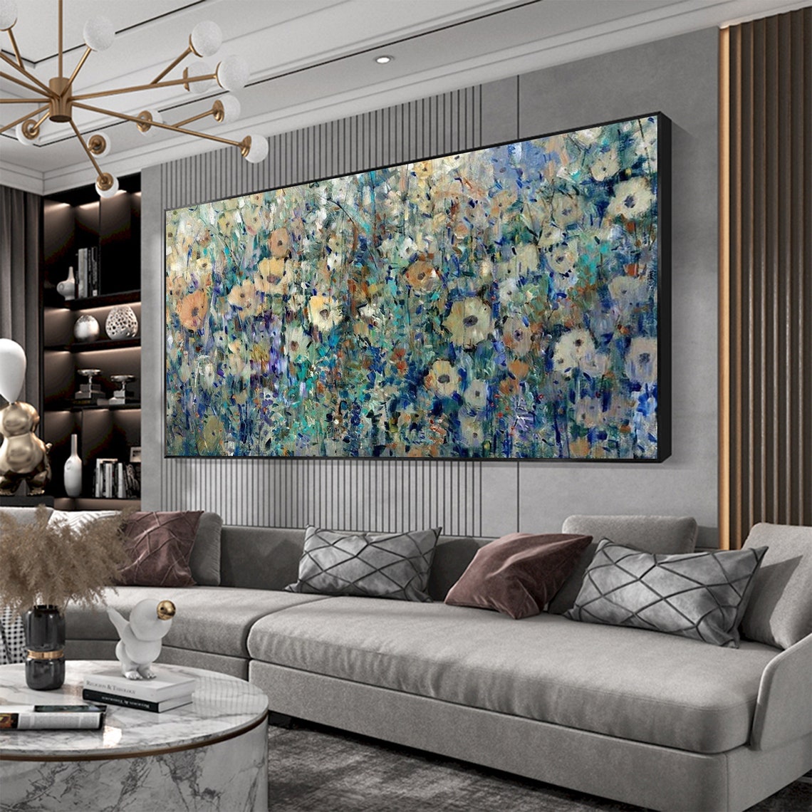 Muted Spring Wildflower Meadow Panoramic Oil Painting Art Print - Image 6