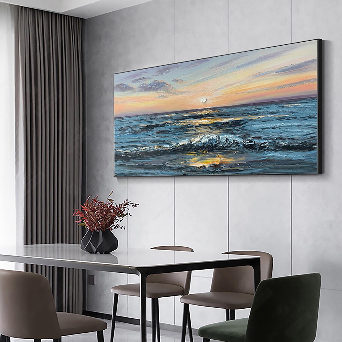Sunset Ocean Waves Moonrise Textured Seascape Oil Painting Poster - Image 3