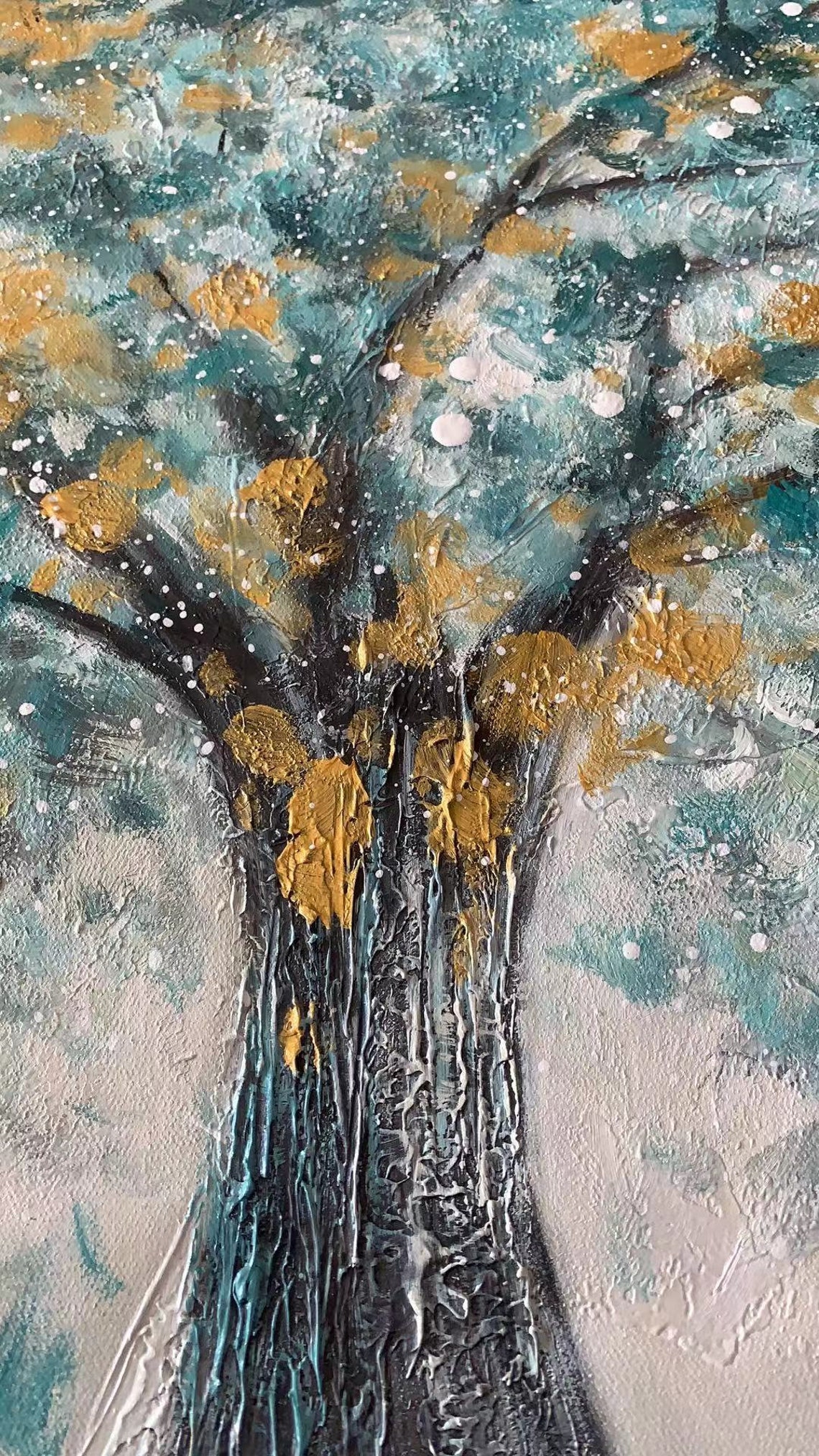 Teal Tree Golden Leaves Abstract Textured Wall Decor Oil Poster - Image 2