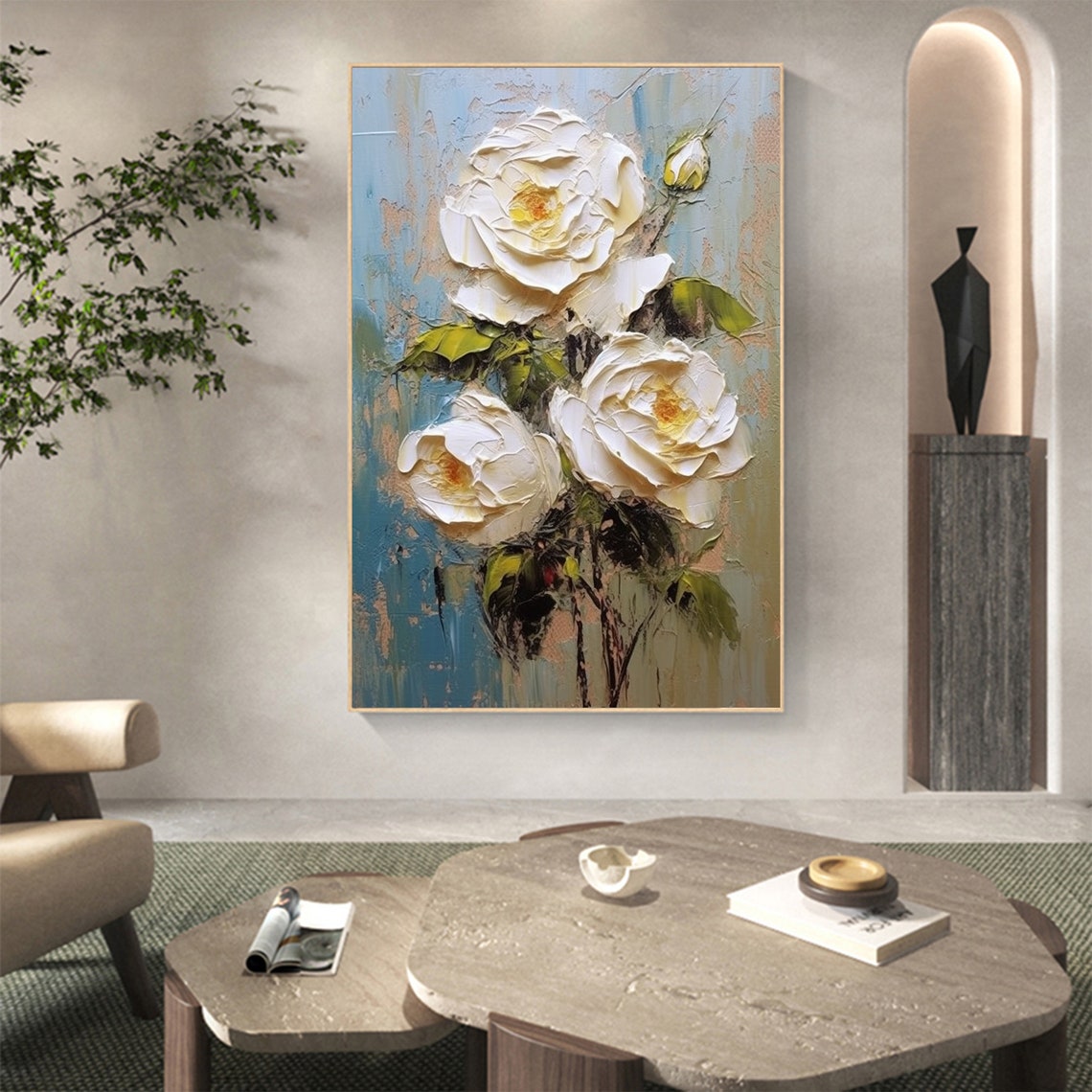 White Impasto Roses Blooming on Textured Blue Background Poster - Image 5