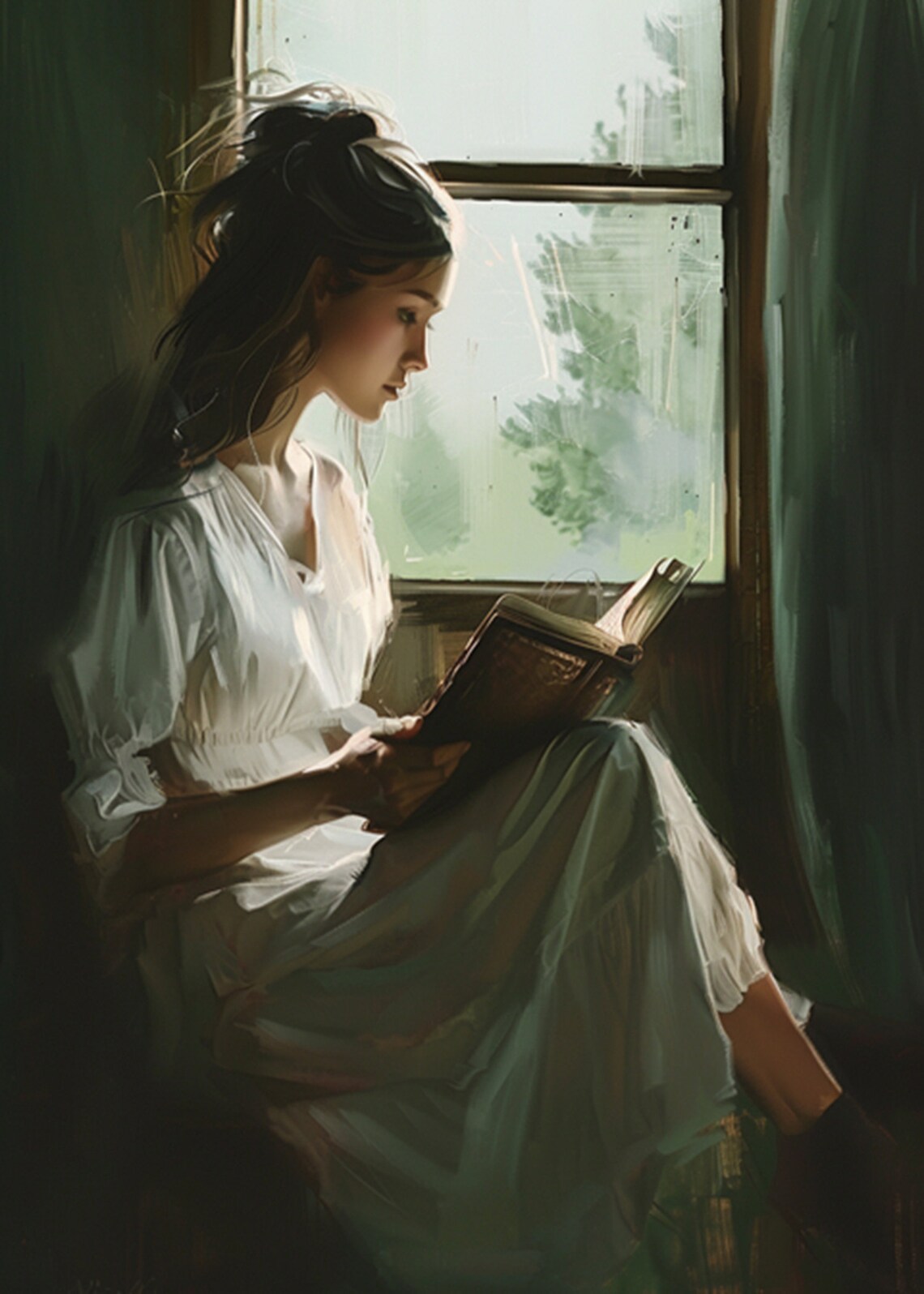 Woman Reading by a Dark Green Window Vintage Oil Painting Poster - Image 2