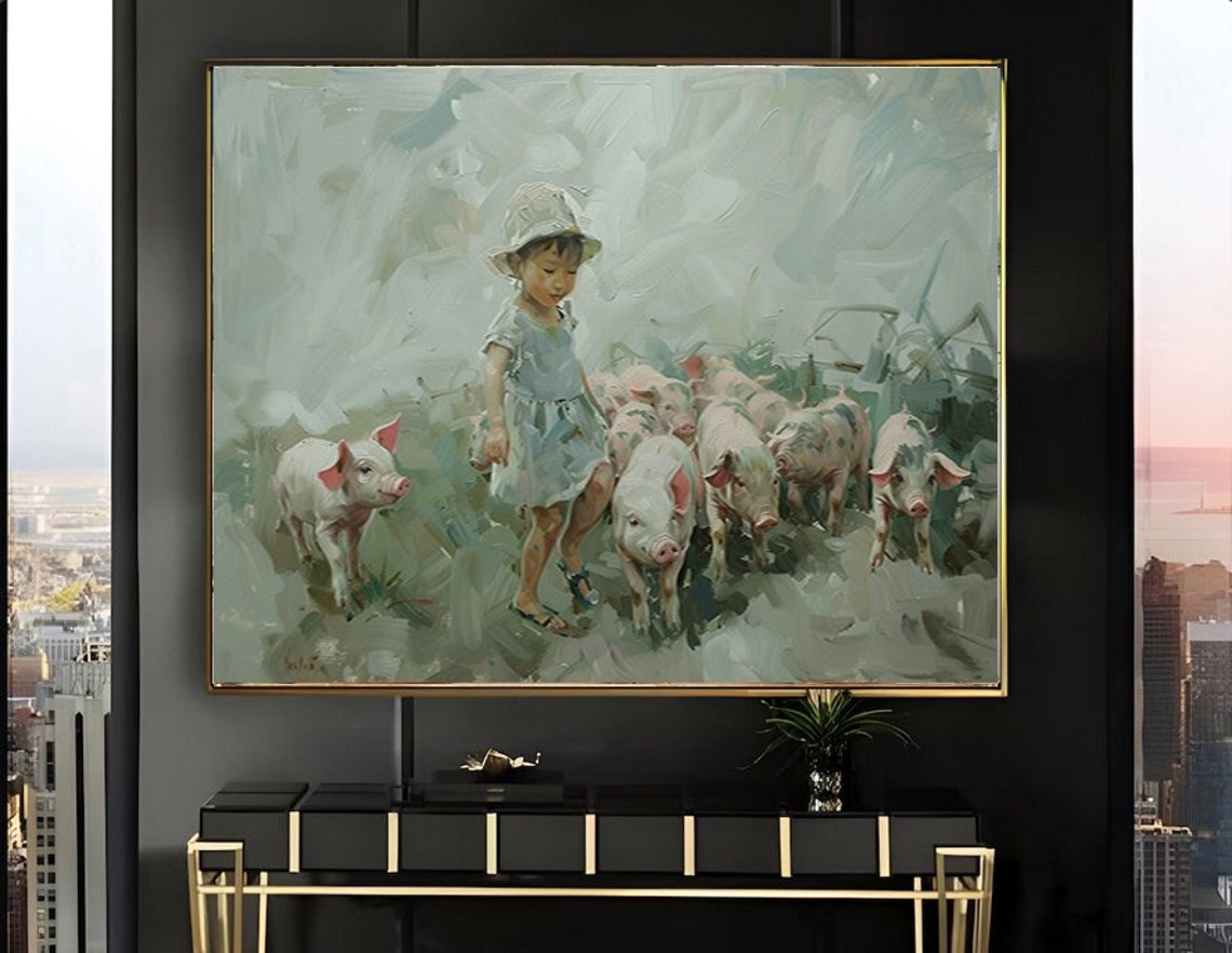 Little Girl with Piglets in a Cool Green Pasture Painting Poster
