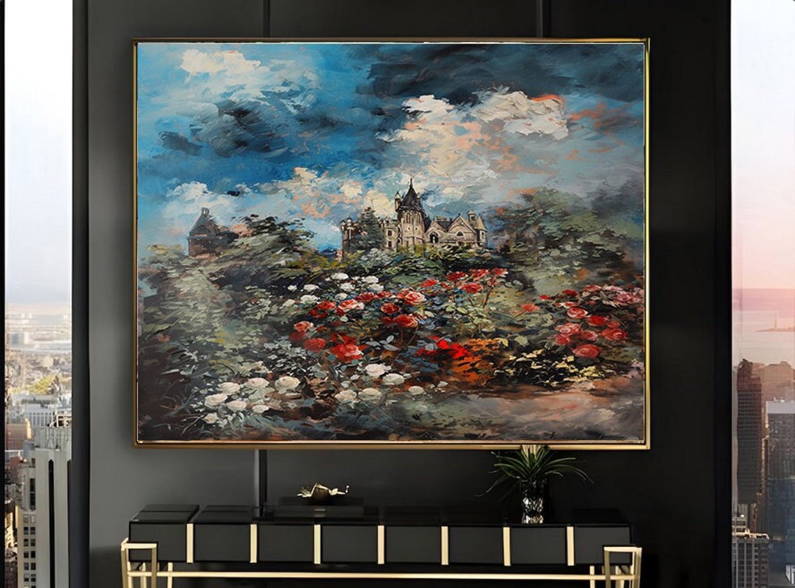 Hilltop Castle Among Red White Roses Dramatic Blue Sky Poster