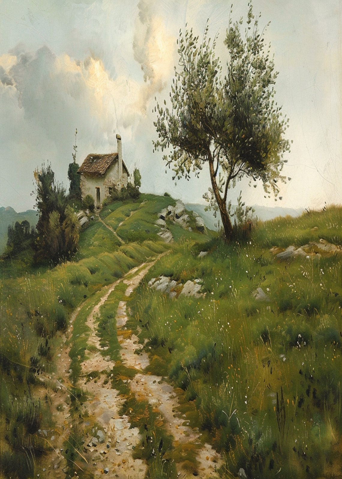 Stone Cottage on Green Hill Winding Path Spreading Tree Poster - Image 3