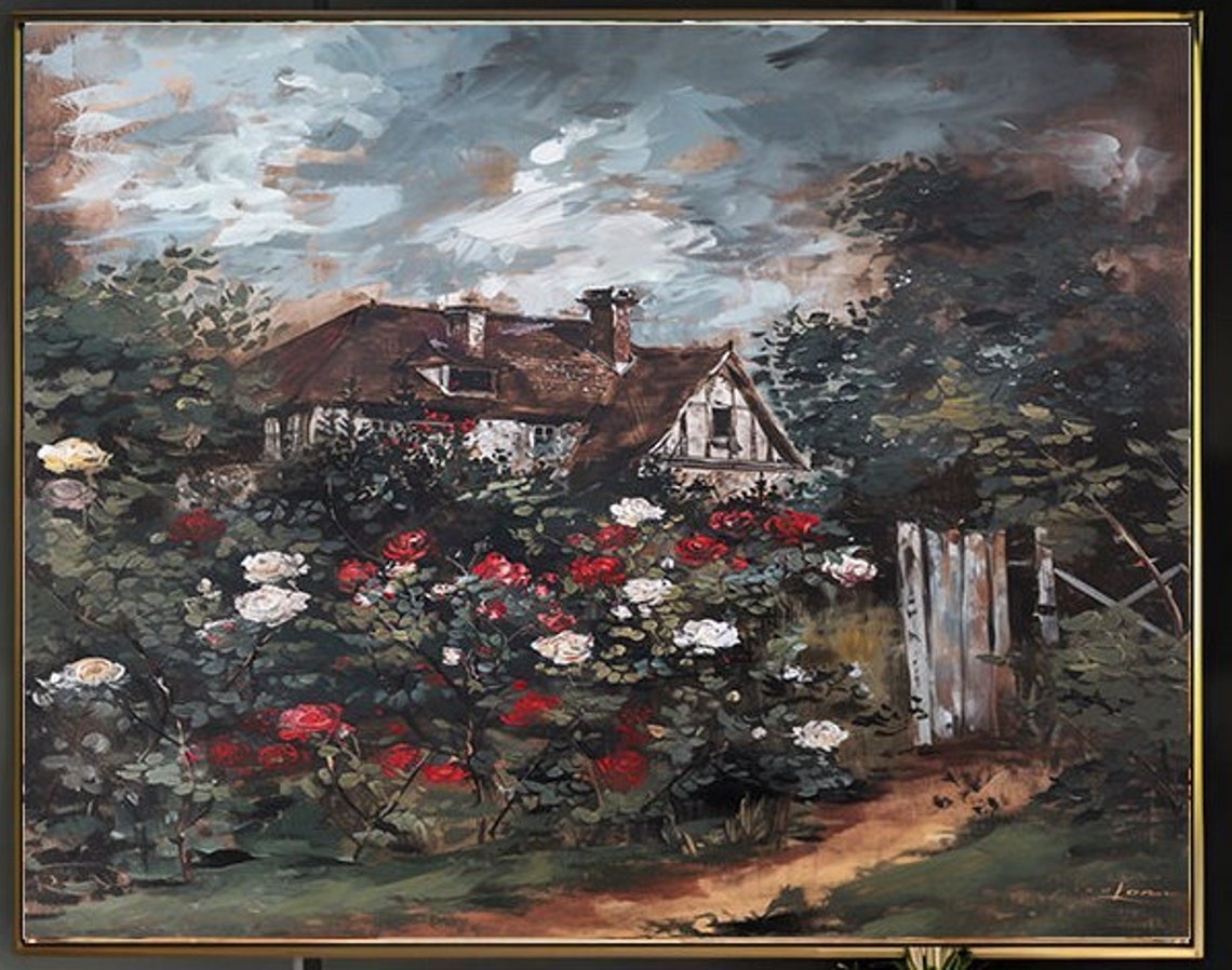 Brown Roof Cottage Red White Roses White Gate Dramatic Sky Poster - Image 2