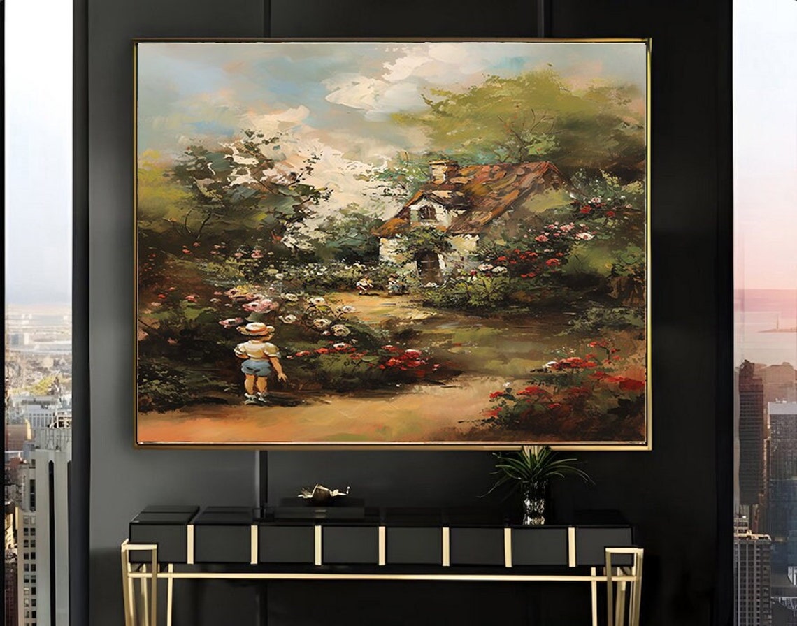 Child in Straw Hat Walking Rose Garden Path to Stone Cottage Poster
