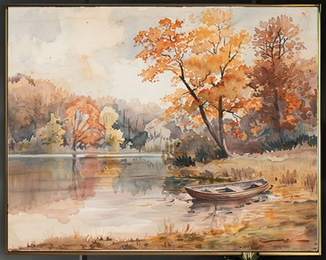 Autumn Lake with Rowboat on Shore Watercolor Painting Poster - Image 2