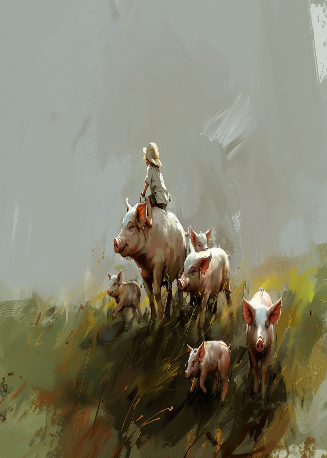 Little Boy Riding Sow Down Hill with Piglets Painting Poster - Image 3